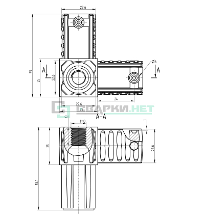 Угловой соединитель 3-х лучевой 25х25х1,2.  с резьбой М10