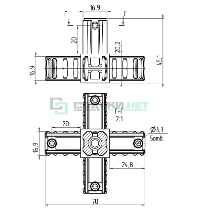 Угловой соединитель 5-ти лучевой  20х20х1,5 мм.
