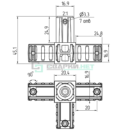 Угловой соединитель 4-х лучевой 20х20х1,5мм . 