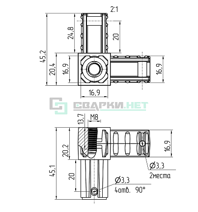 Угловой соединитель Угловой соединитель 3-х лучевой с резьбой М8  20х20х1,5 мм