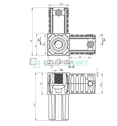 Угловой соединитель 3-х лучевой 25х25х1,2.  с резьбой М10.