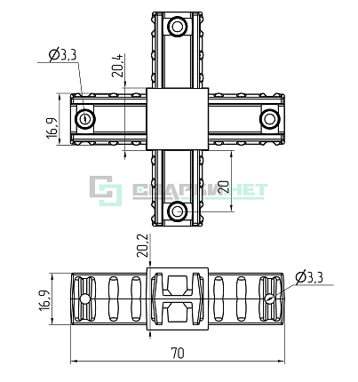 Угловой соединитель 4-х лучевой  20х20х1,5 мм.