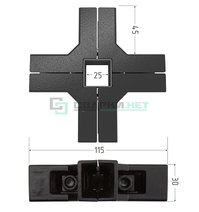 Внешний угловой соединитель 4-х лучевой 25мм со вставкой