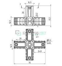 Угловой соединитель 5-тилучевой  20х20х1,5 мм - Чертеж