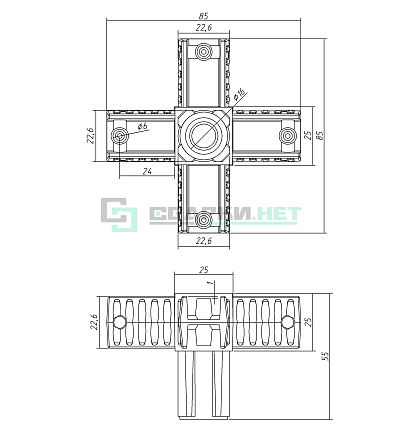 Угловой соединитель 5-х лучевой 25х25х1,2.  